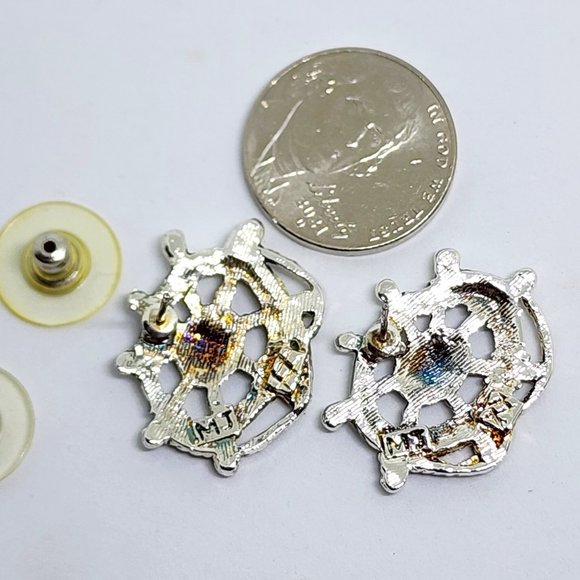 Vintage "MJ" Marie Jennifer Nautical Ship Wheel Rope Silver Pierced Earrings NOS - Picture 7 of 11